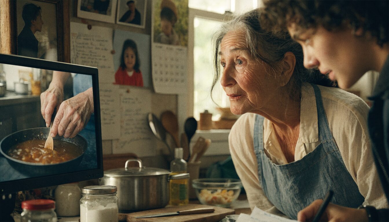 A grandmother and grandson looking at old cooking footage on a monitor, surrounded by family photos