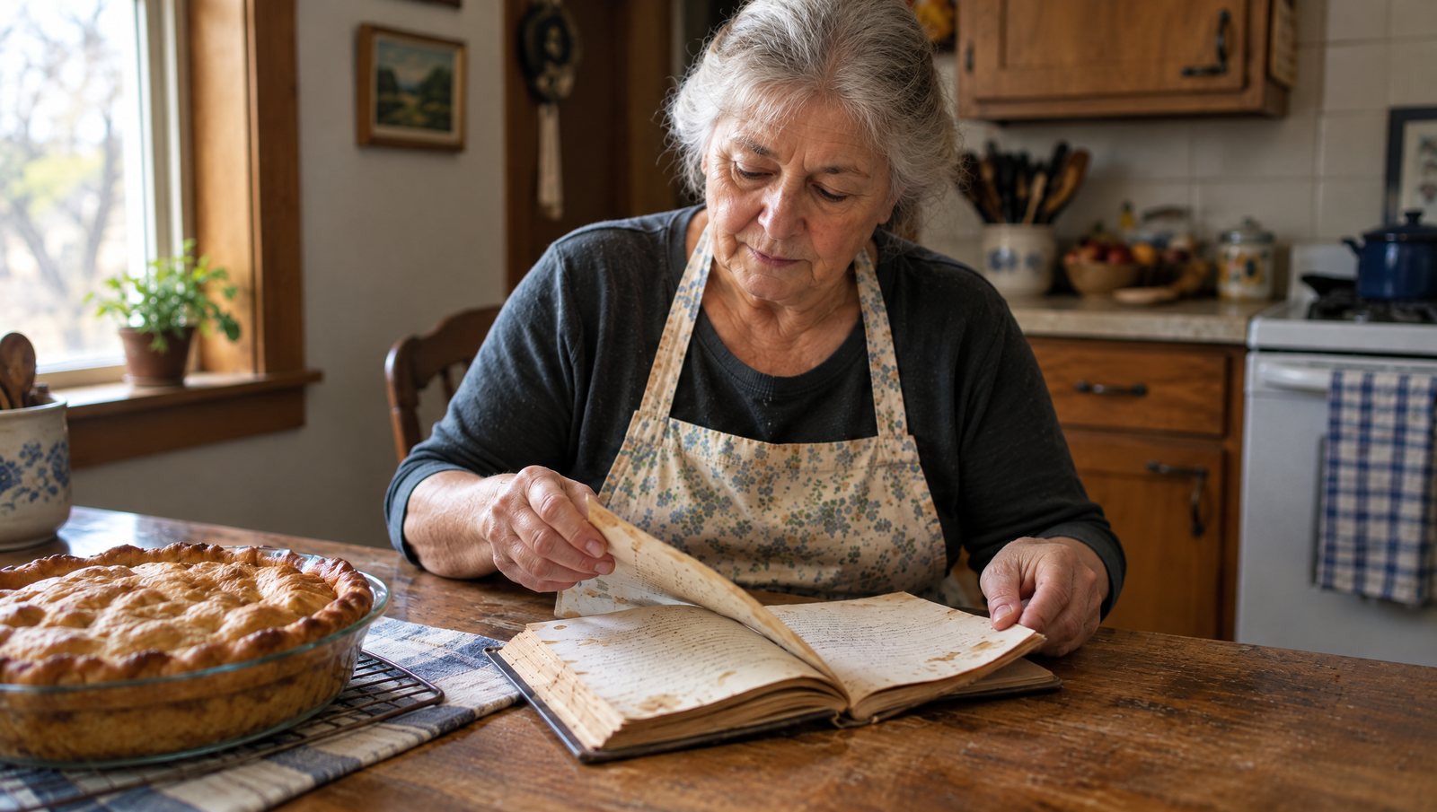 An older woman in a floral apron turning the page of a worn, handwritten recipe journal at her kitchen table, a fresh-baked pie beside her