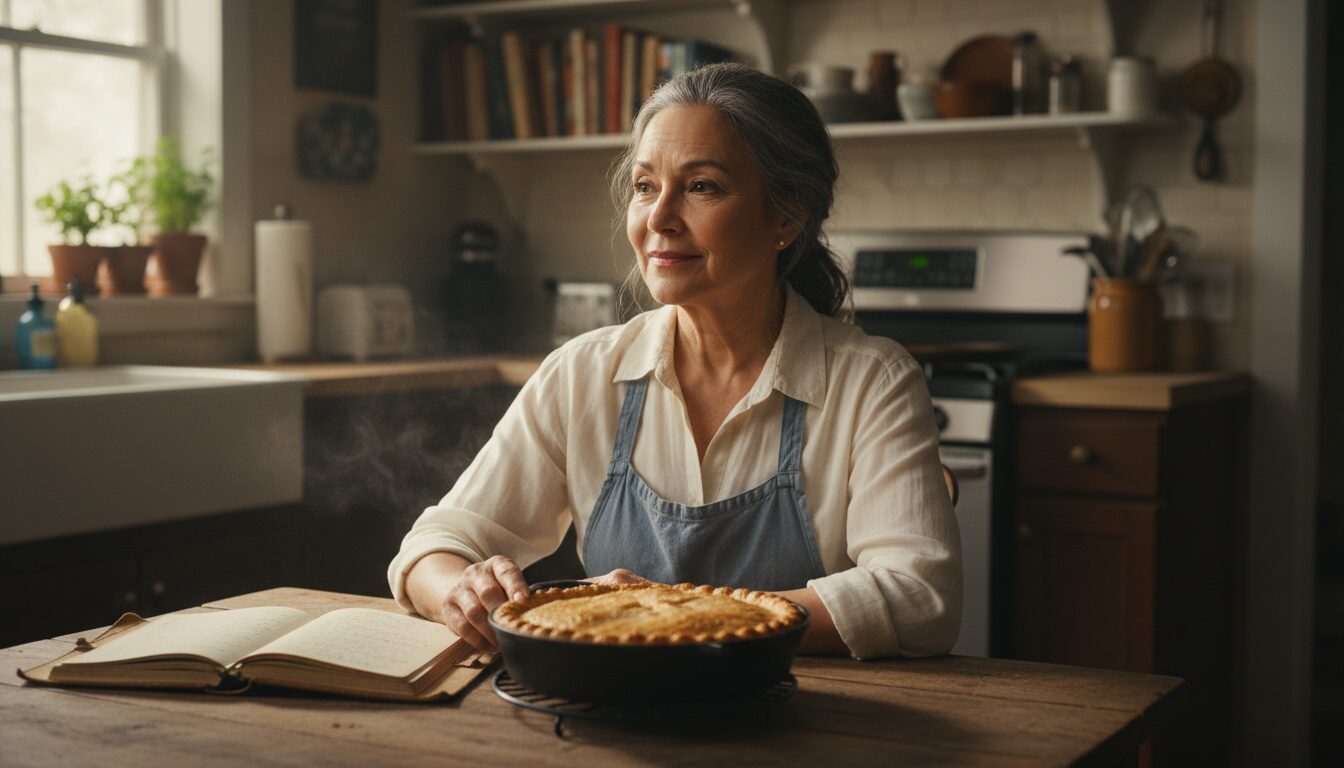 A mother sitting at her kitchen table with a handwritten recipe journal and a fresh-baked pie