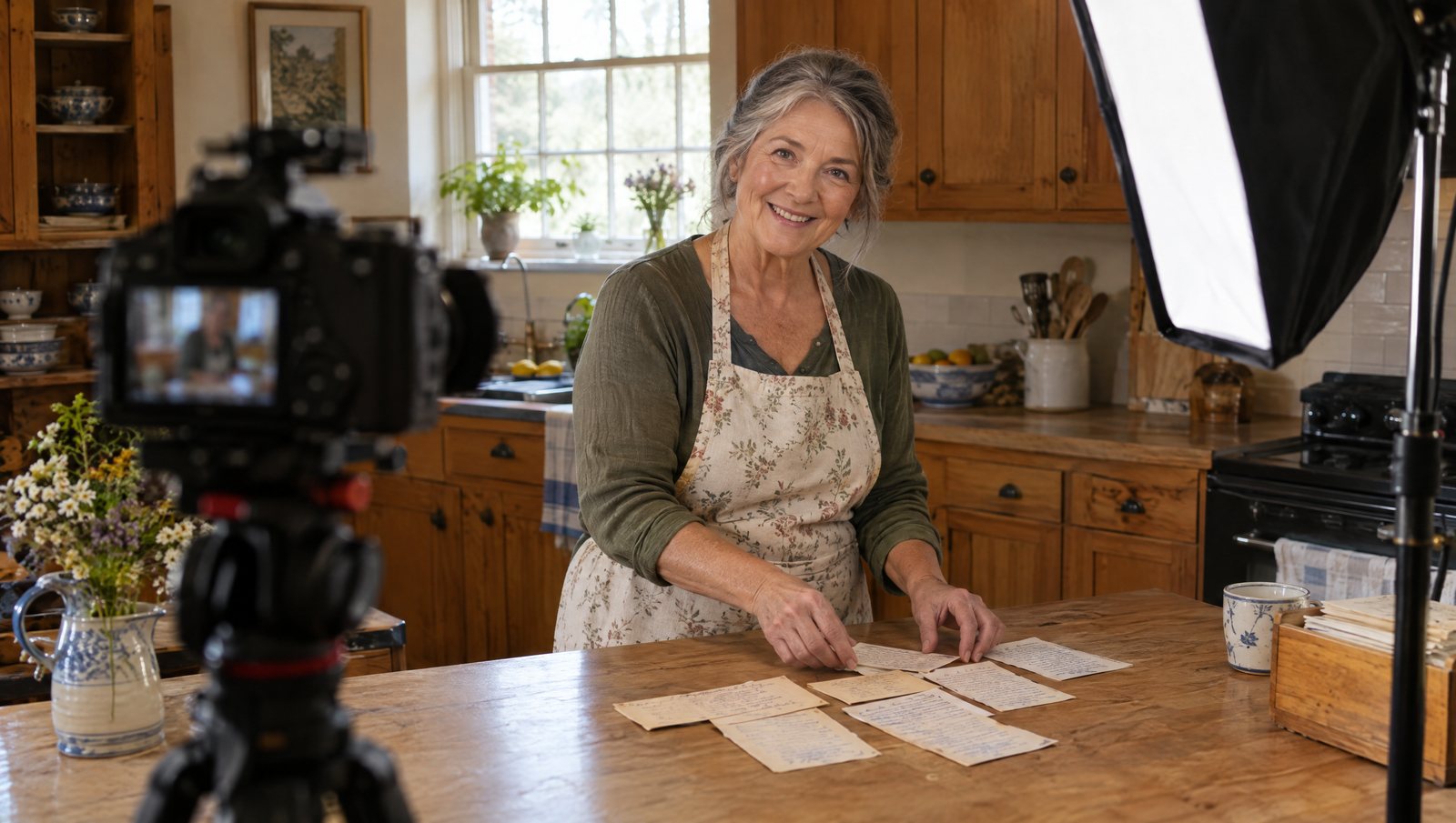 A home cook lays out handwritten recipe cards on her kitchen counter beside a camera on a tripod and a soft light