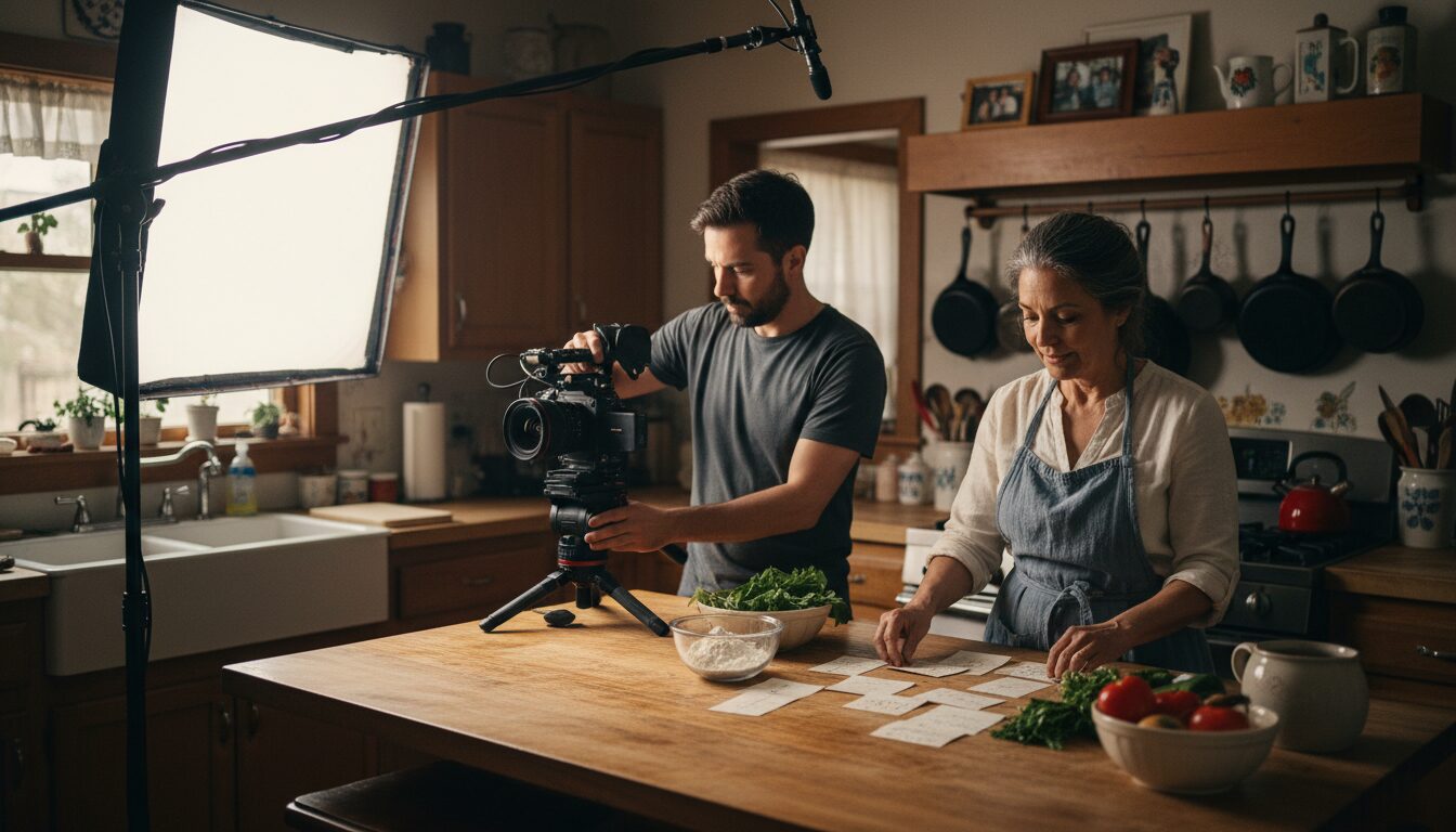 A filmmaker setting up lighting and camera in a family kitchen while Mom lays out handwritten recipe cards