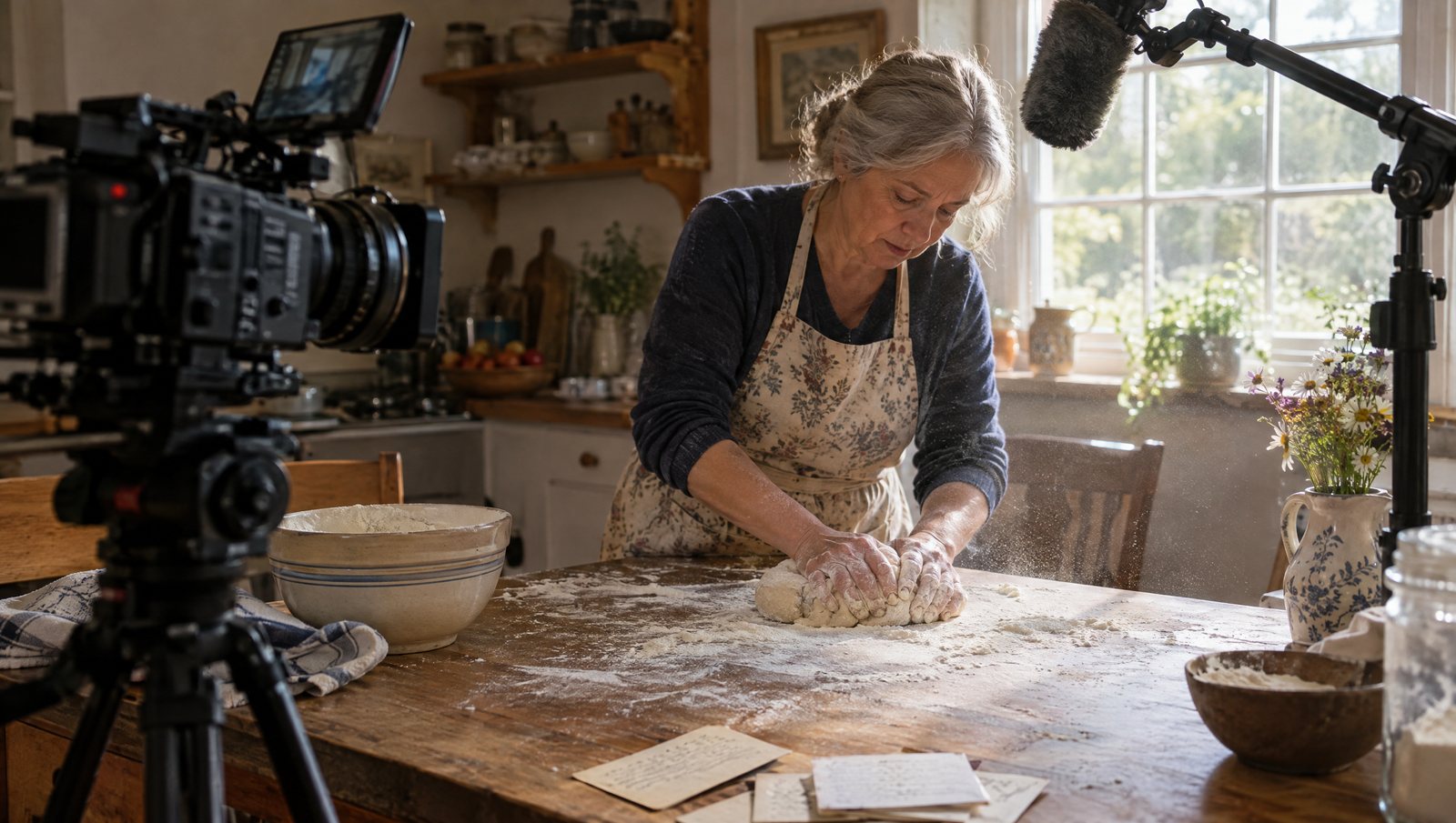A home cook kneading dough on a flour-dusted kitchen table with a cinema camera on a tripod and a boom microphone nearby