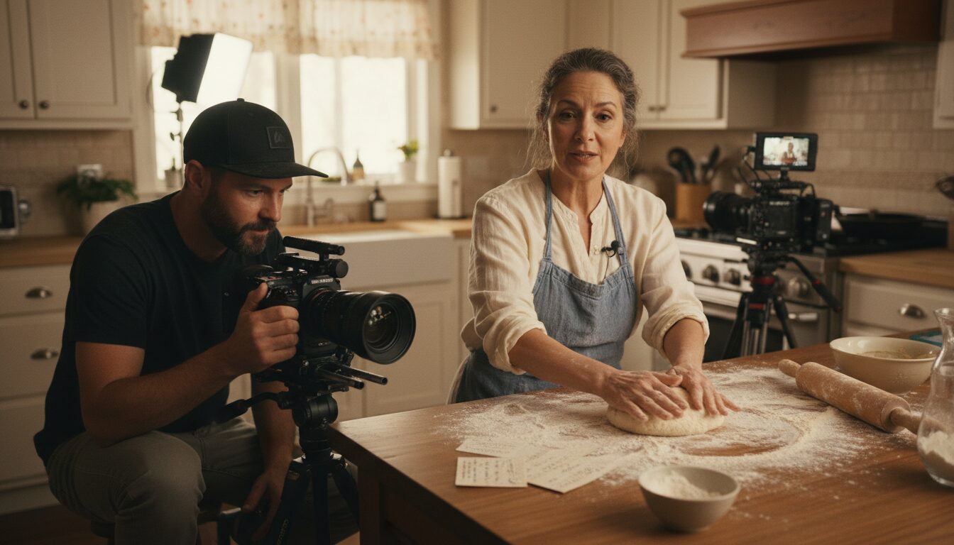 A filmmaker recording a mother kneading dough on a flour-dusted kitchen table, with handwritten recipe cards nearby