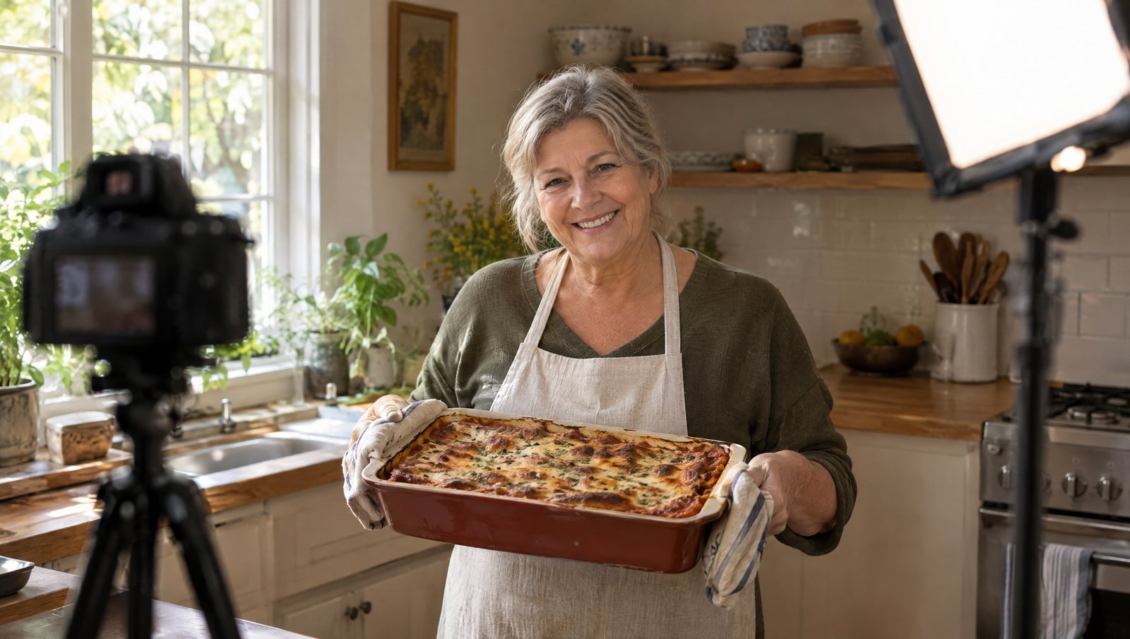 A smiling home cook holding a freshly baked lasagna in a sunlit kitchen with a camera and soft light set up in the foreground