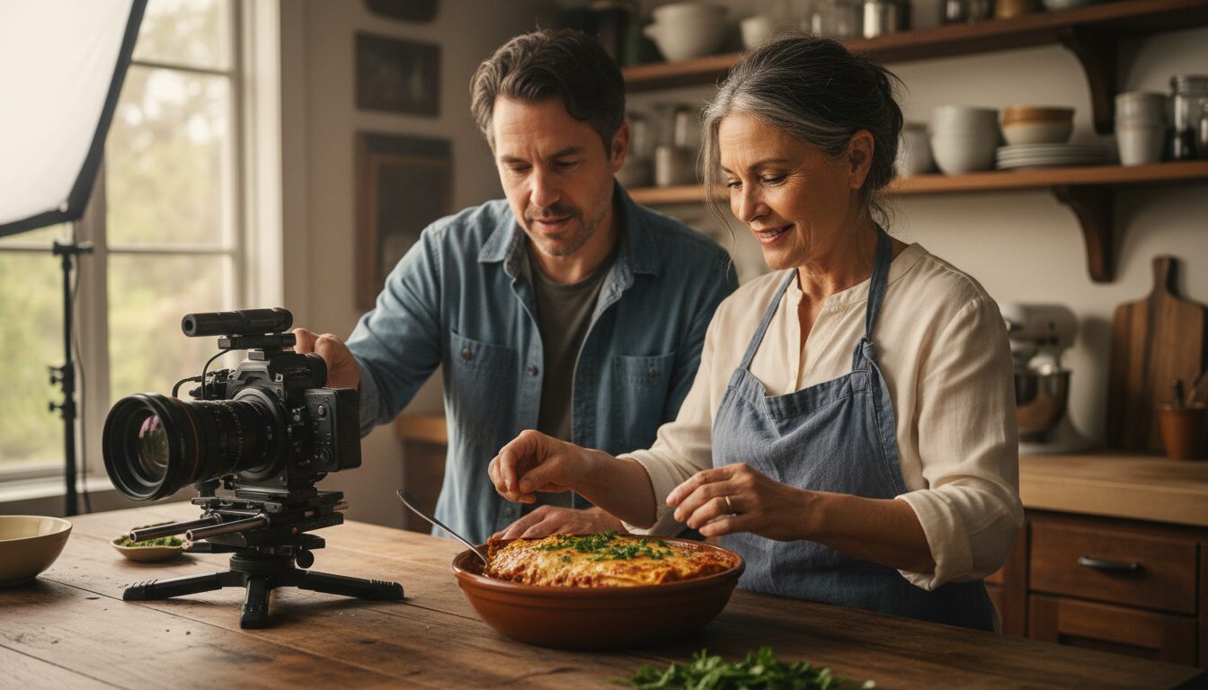 A filmmaker and a mother finishing a homemade lasagna together in a warm, sunlit kitchen