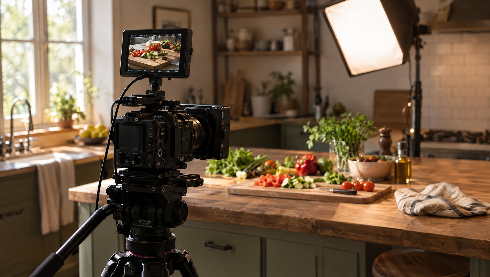 A cinema camera on a tripod in a warm kitchen, its monitor showing the same fresh ingredients on the counter, with a softbox light behind