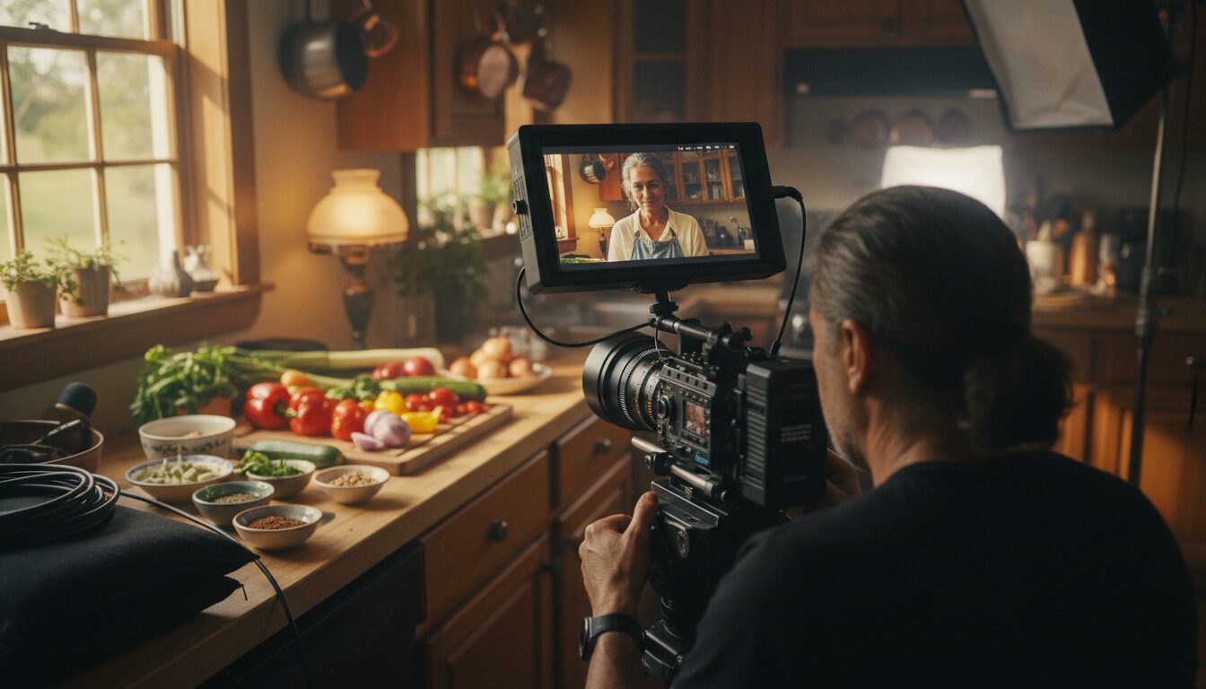 A director's monitor showing a close-up of a mother's face while cooking, camera crew visible in the foreground