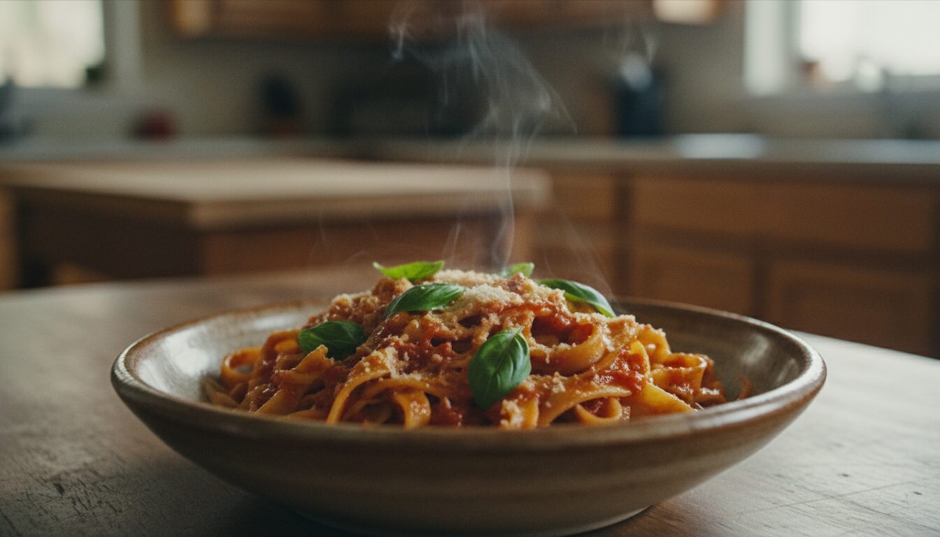 A steaming bowl of fresh pasta with basil, shot on a warm wood kitchen table