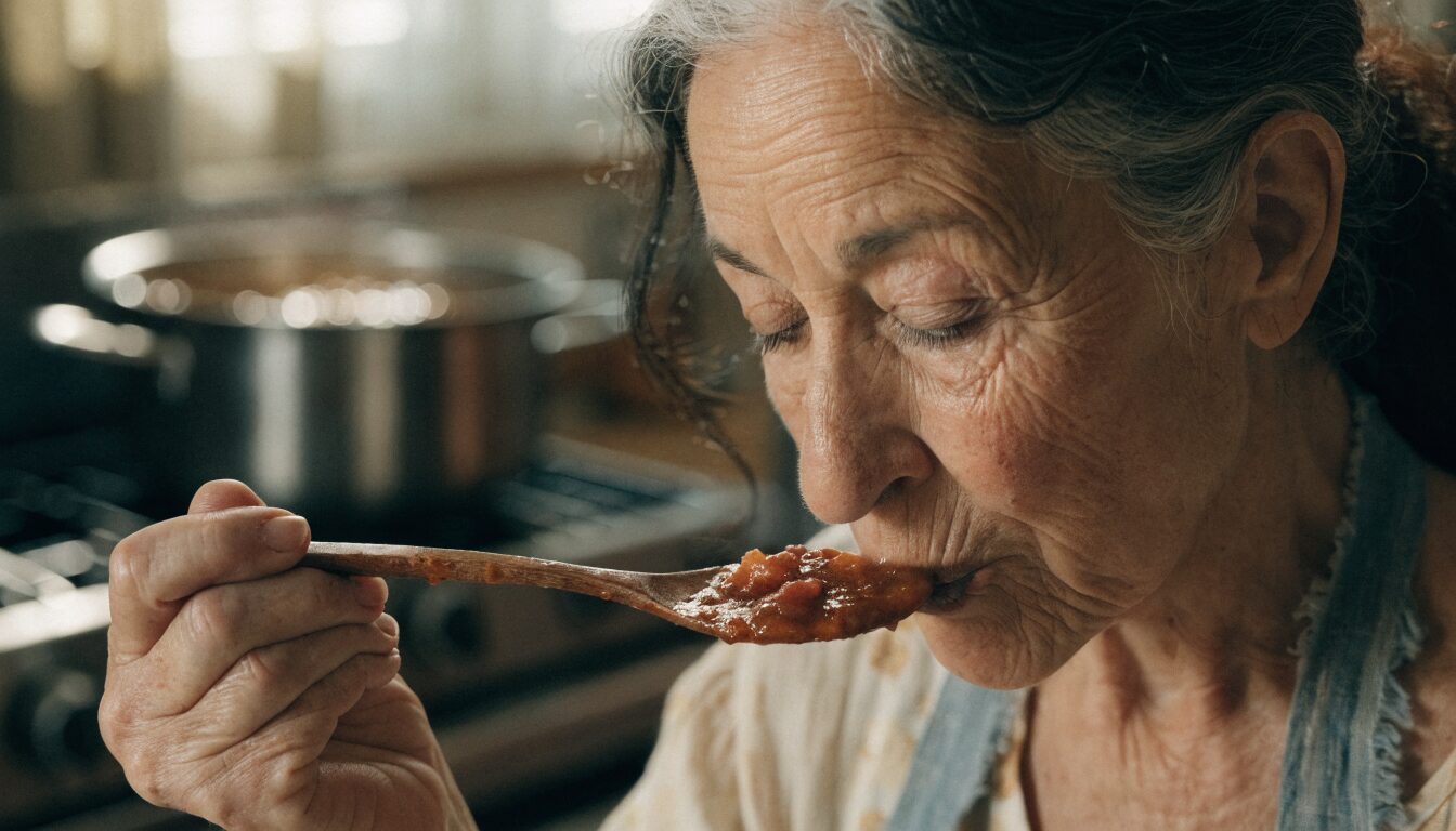 Close-up of a woman tasting sauce from a wooden spoon, eyes closed
